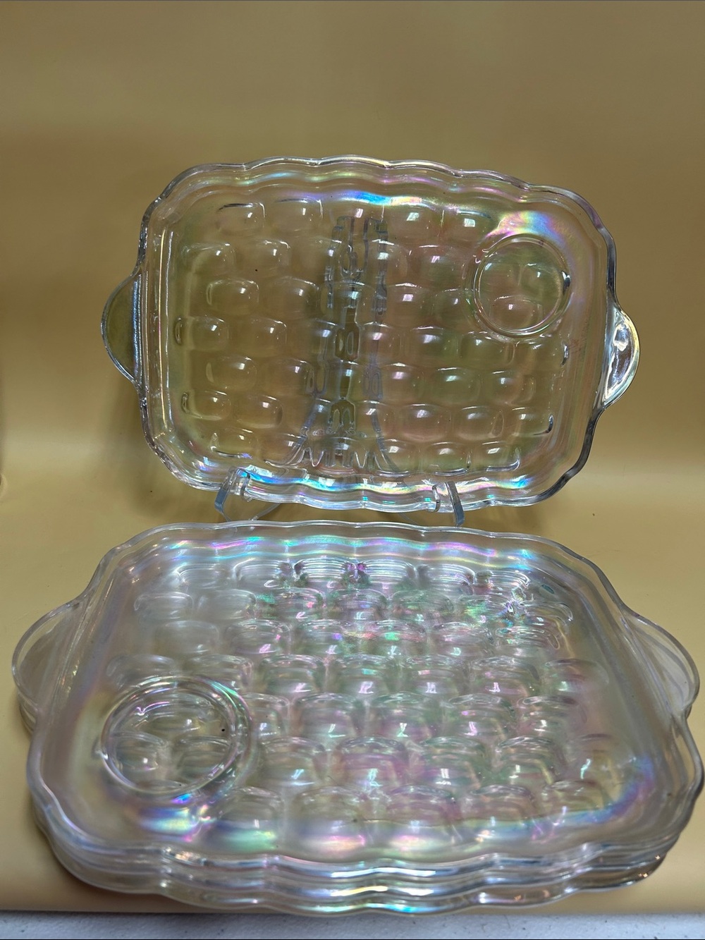 Vintage Federal Glass Yorktown Snack & Sip 4 Plates Iridescent Glass